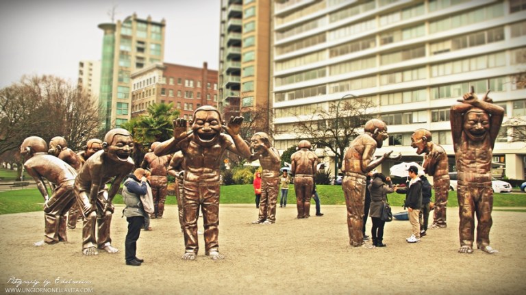 Taken from my recent trip to Vancouver, this A-maze-ing Laughter was designed by Yue Minjun and installed in Morton Park (Davie and Denman) along the English Bay in West End, Vancouver in 2009. The patinated bronze sculpture, composed of 14 statues each about three metres tall and weighing over 250 kilograms, portrays the artist's own image "in a state of hysterical laughter". It was created as part of the Vancouver International Sculpture Biennale, which exhibits international contemporary works in public spaces. The sculpture was donated to the City of Vancouver by Chip and Shannon Wilson through the Wilson5 Foundation on August 11, 2012. (Wikipedia)